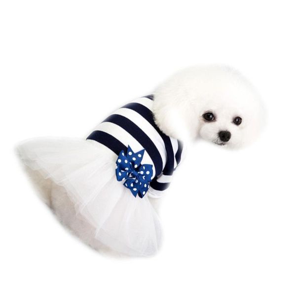 

dog apparel dark blue tutu dress bow tulle skirt clothes stripe costume pet supplies - size xs