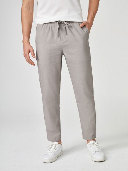 

men drawstring waist slant pocket solid pants h838#, Black