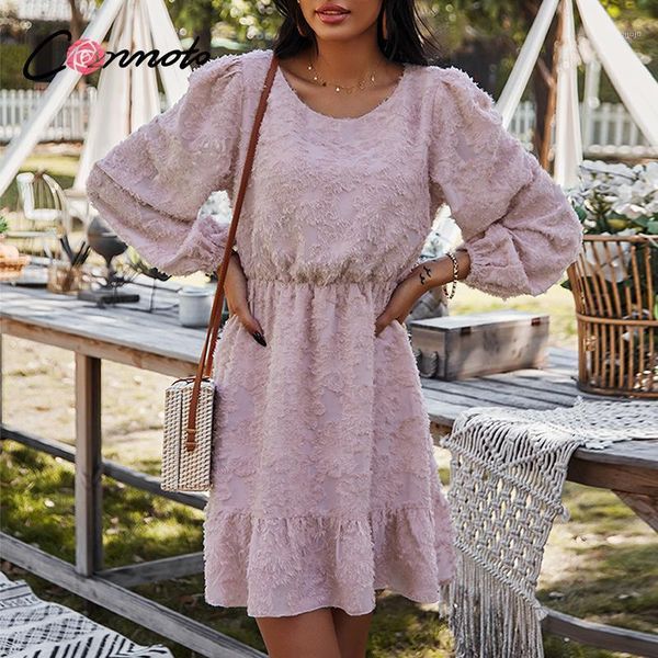 

conmoto pink high waist lantern sleeve dress solid elegant spring long sleeve women mini dress casual fashion o-neck print1, Black;gray