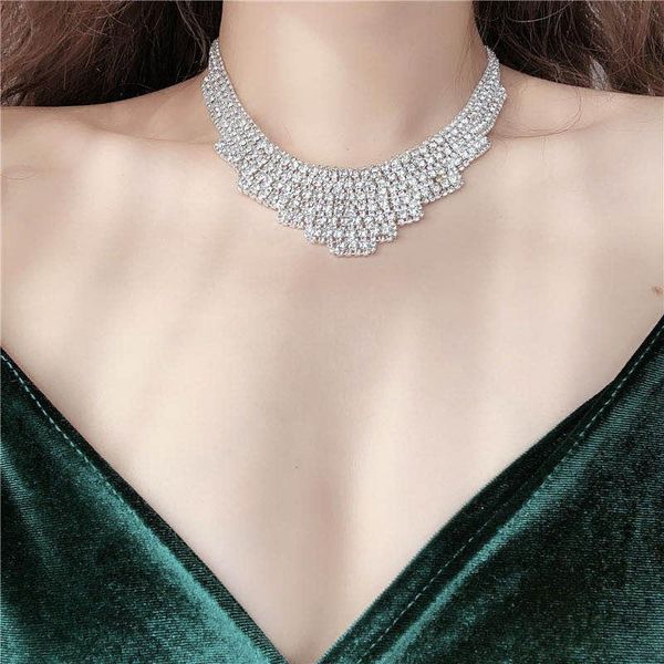 

chains fashion trend women's crystal necklace luxury geometry high grade rhinestone shiny banquet jewelry, Silver