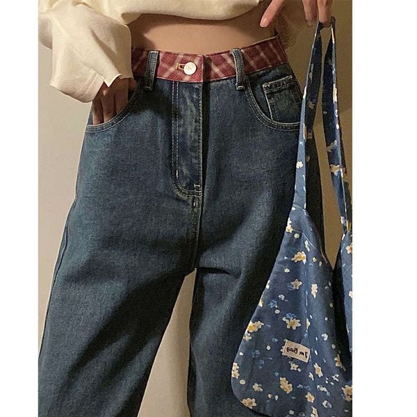 

dark high waist straight tube jeans women's autumn winter ancient sense wide leg loose and thin daddy pants, Blue