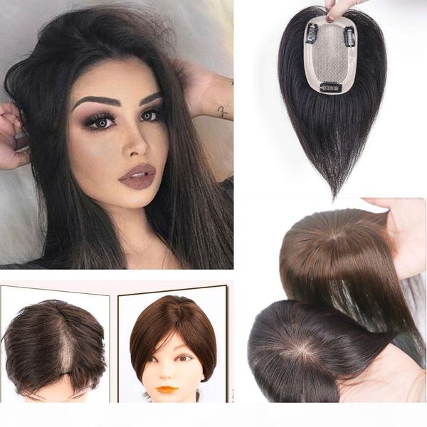 

100% human hair silk base hairpiece for women clip in crown er hand-made toupee middle part thinning hair grey hair, Black;brown