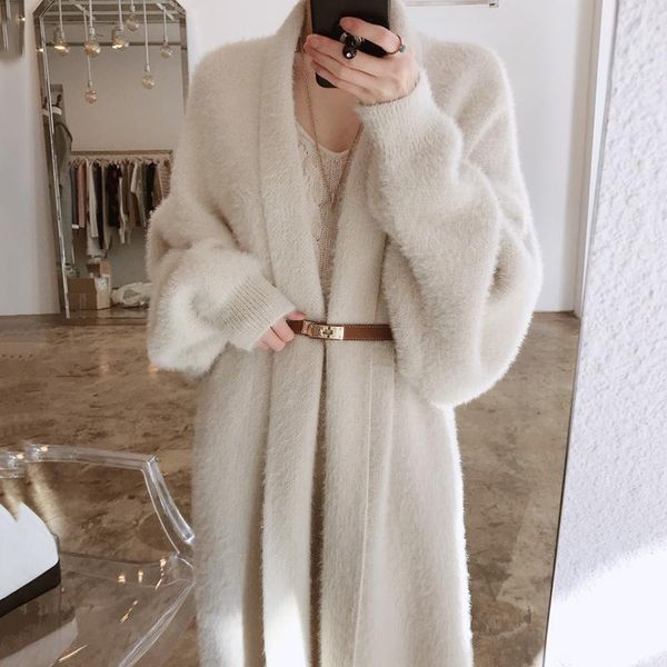 

autumn winter solid loose mid calf full warm heavy duty mink coat with belt v neck sweater women, White