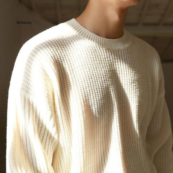 

men's sweaters solid round neck loose sweater men korean slim thermal knit, White;black