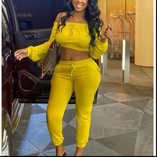 

new fashion off shoulder women two piece set lemon green slash neck crop and slim pant set streetwear, Gray