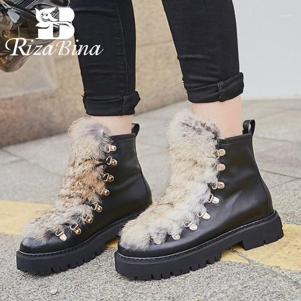

rizabina real leather women ankle boots plush fur round toe shoes winter warm boots women fashion footwear size 34-391, Black
