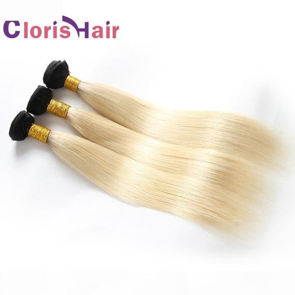

dark roots blonde ombre straight bundles brazilian virgin human hair weave colored 1b 613 platinum blonde hair extensions 3pcs deals, Black