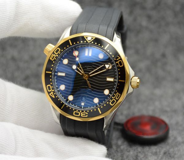 

42mm automatic outdoor mens watches watch yellow gold case blue dial with blue rubber band rotatable bezel and transparent case back, Slivery;brown