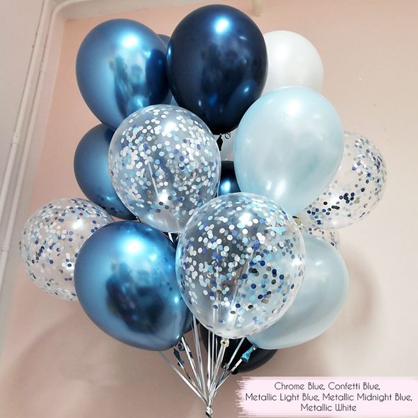 Set di palloncini in lattice di coriandoli blu Palloncini di buon compleanno Bouquet Palloncini di elio in oro cromato Boy Girl Baby Shower Articoli per feste Y0107