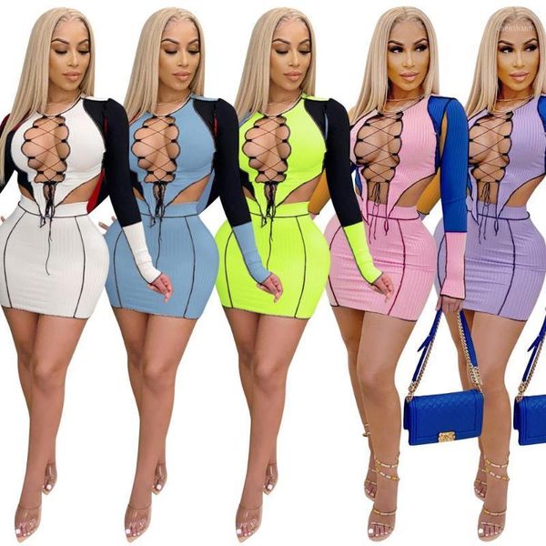 

women's tracksuits zoctuo color patchwork two piece sets autumn winter long sleeve women's set outfits cut out crop mini skirt tr, Gray