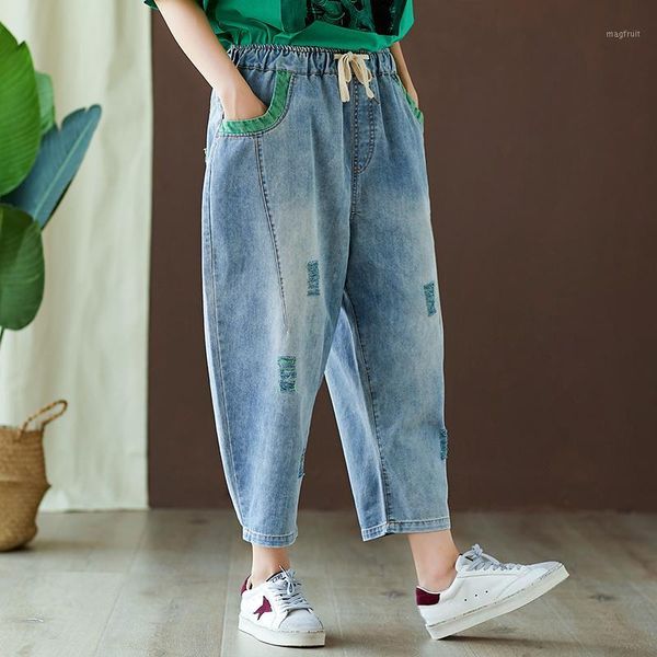 

oversize loose casual harem jeans female wild thin ripped washed denim pants midi hole turnip pants girls vestidos 20201, Blue