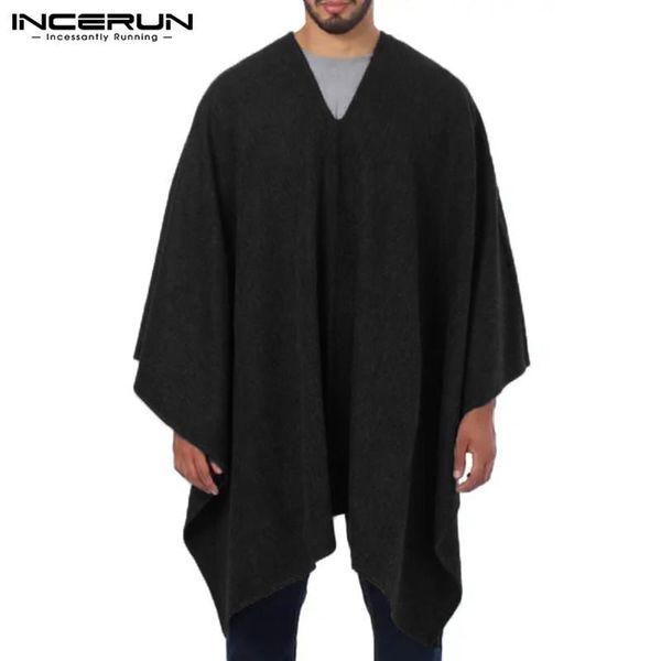 

incerun men cloak coats v neck 2020 loose streetwear faux fleece trench solid color men irregular ponchos casual pullovers s-5xl, Tan;black