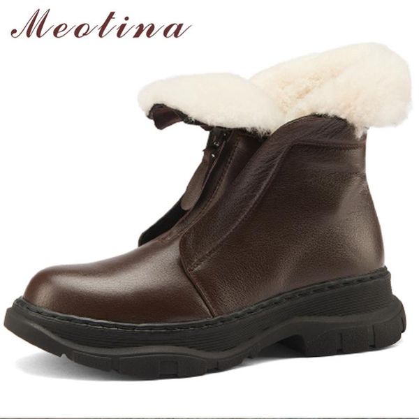 

boots meotina platform med heel ankle woman genuine leather snow block shoes zip short female winter brown 40, Black