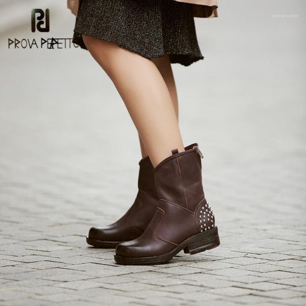 

boots prova perfetto genuine leather fashion rivet women mid-calf solid color street style square toe wearproof motorcycle boot1, Black