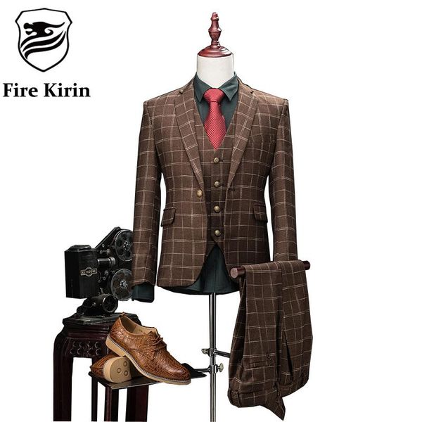 

fire kirin wool suit men 2021 slim fit mens 3 piece plaid suits stylish khaki wedding suits for men business formal wear q339, White;black