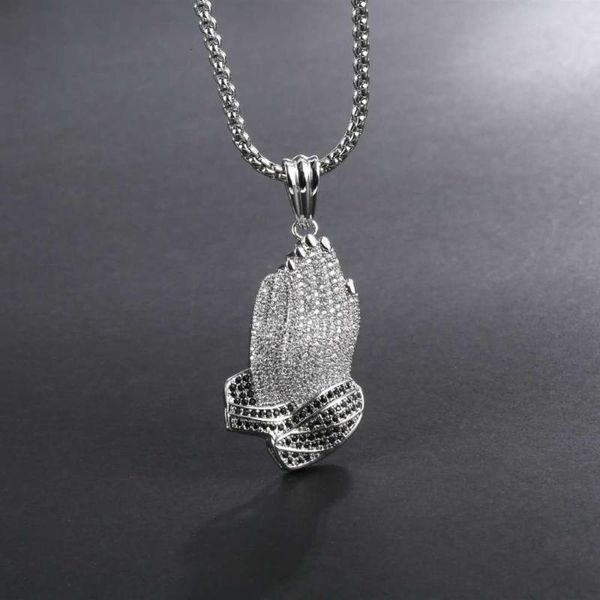 

merry christmas retro prayer hands religious belief trend hip hop all copper zircon necklace men and women accessories gifts, Silver