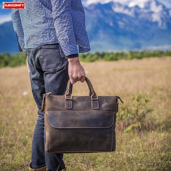 

2021 men's genuine leather briefcases handbag crazy horse leather shoulder bag cowhide business portable official computer bag1