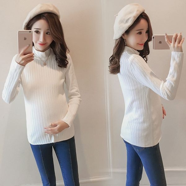 

spring and autumn new round neck pregnant women's wear long sleeve bottoming shirt slim sweater knitted maternity, White