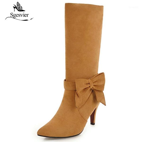 

boots sgesvier 2021 winter fashion bowtie flock black red yellow knight ridding high heel mid calf wedding party snow b6771
