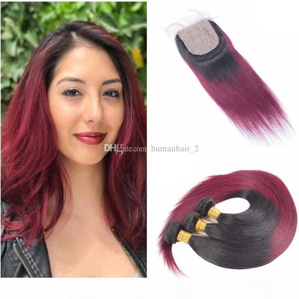

ombre silk base closure 4*4 inch t1b 99j brazilian virgin straight hair with two tone dark root silk lace closure straight human hair, Black;brown
