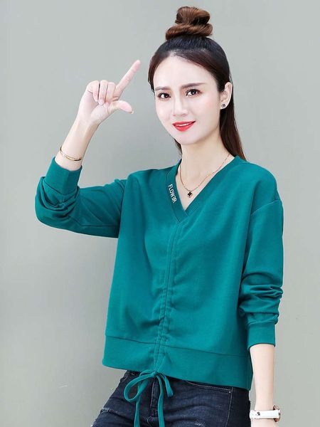 

hoodless v-neck short women's sweater spring and autumn thin 2020 new high waisted foreign style aging drawstring top, Black