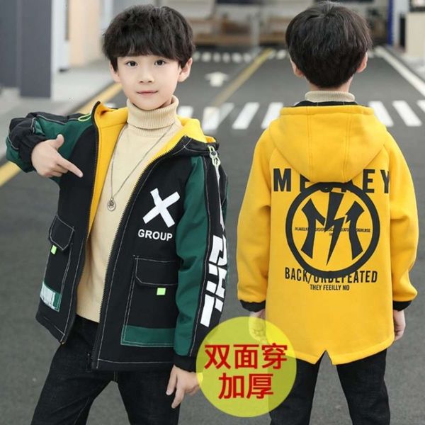 

cotton padded boys' hooded windbreaker autumn and winter new chine universi children's letter cardigan with plush coat on both sid, Black