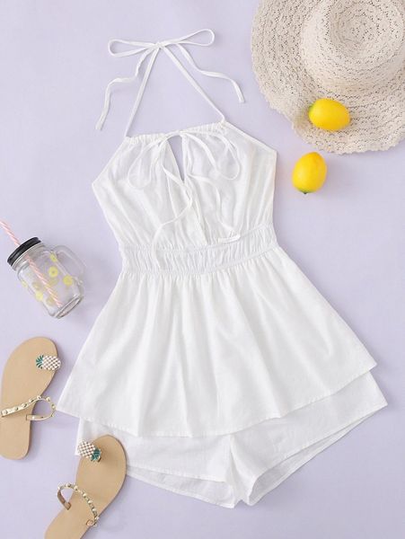 

solid halter neck shirred romper w375#, White