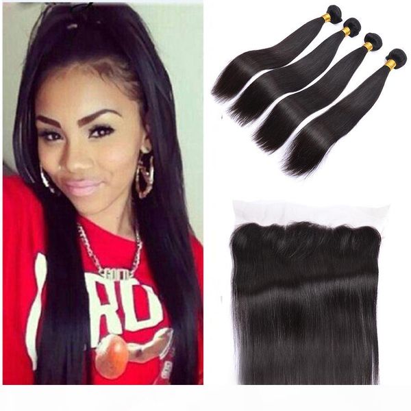 

7a brazilian unprocessed virgin hair human hair weft with frontal straight 13x4 ear to ear lace closure with 4 hair bundles, Black;brown