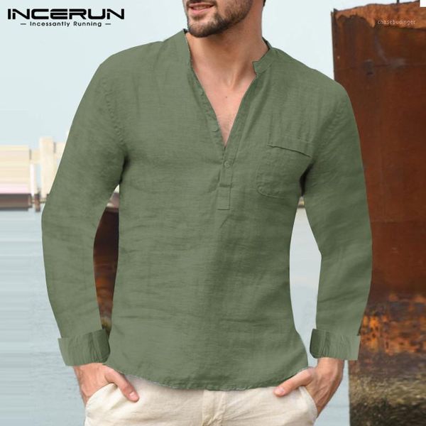 

incerun vintage men shirt stand collar long sleeve 2019 solid chic streetwear fashion casual camisa masculina chic shirts mens1, White;black