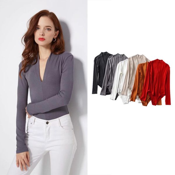 

new style deep v-neck jumpsuit t-shirt women's autumn slim long sleeve top, Black;gray