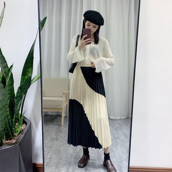 

skirts 2021 autumn& winter simple high waist slim casual solid women pleated skirt elastic all-match long 1, Black