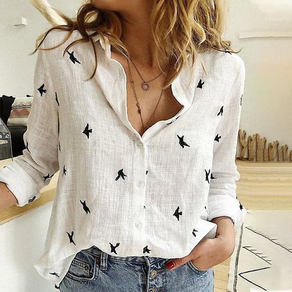 

women's blouses & shirts women's birds print spring cotton linen plus size 5xl female shirt long sleeve 2021 summer casual ladies, White
