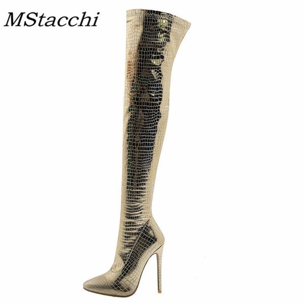 

mstacchi high-end women boots zipper-side crocodile print thin heel pointed toe shoes 2020 winter over the knee boots lady, Black