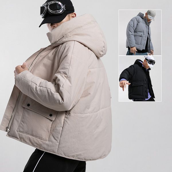 

streetwear winter jacket men cargo parkas thicken hooded slim-fit korean solid casual coats fashion male warm cotton clothes new 201204, Black