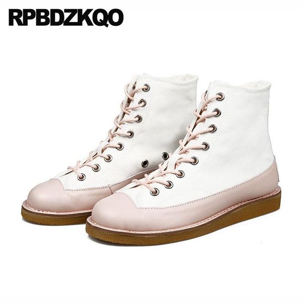 

booties vintage shoes white women front lace up casual ankle boots autumn round toe japanese 2020 canvas sneakers flat patchwork, Black