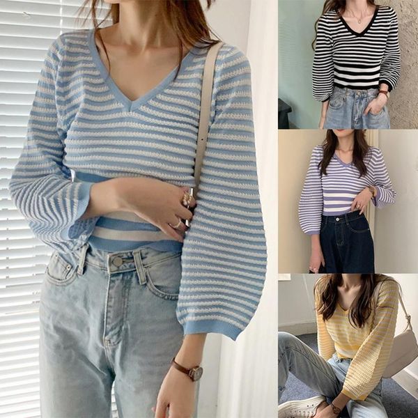 

vintage striped sweater v-neck cropped sweater pullover girls contrast color full lantern sleeve crop 1, White;black