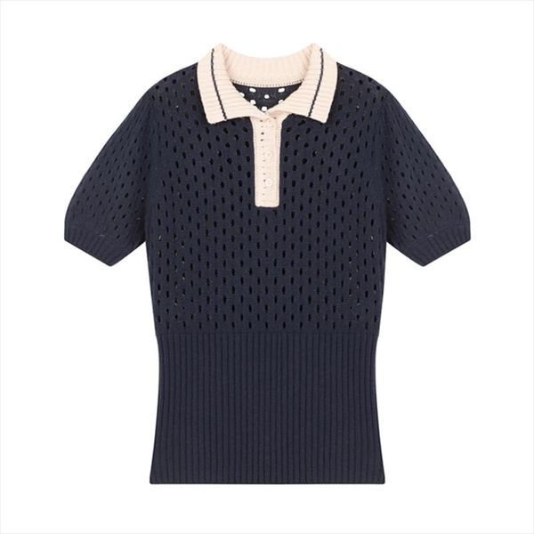 

women knitted summer short sleeve turn down collar hollow out blue white b0376 drop shipping