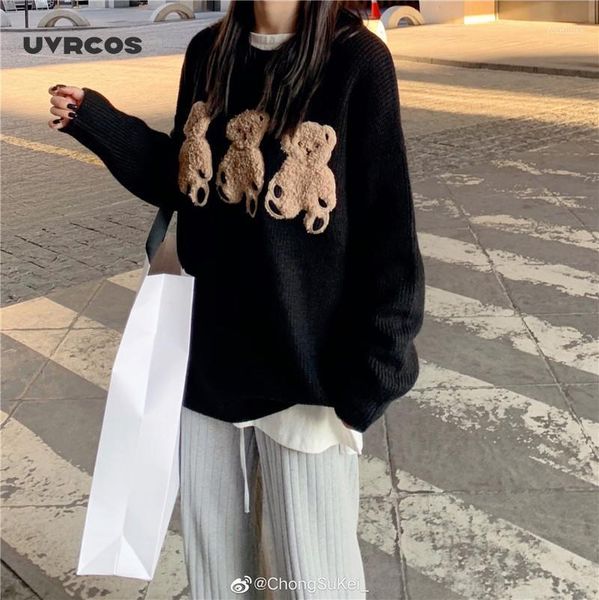 

women's sweaters uvrcos embroidered bear cartoon pattern women round neck long sleeve sweater pullovers for autumn 1, White;black