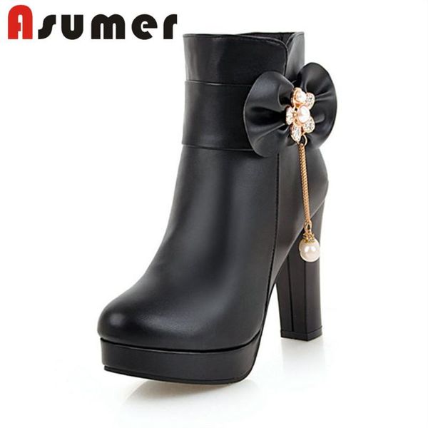 

boots asumer 2021 trendy temperament ankle for women solid daily round toe zip bowknot high heels, Black
