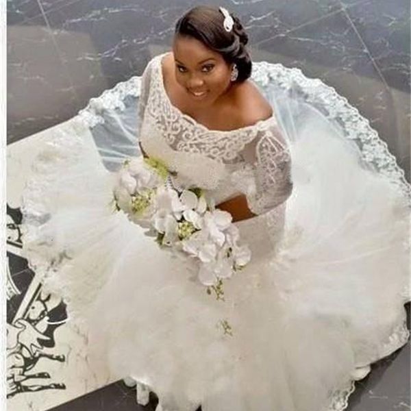 

2021 new african plus size wedding gowns half sleeve rentals off the shoulder mermaid return covered button dressed as bride aiys, White