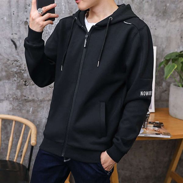 

new zipper hooded cardigan coat casual sports men's solid color sweater, Gray