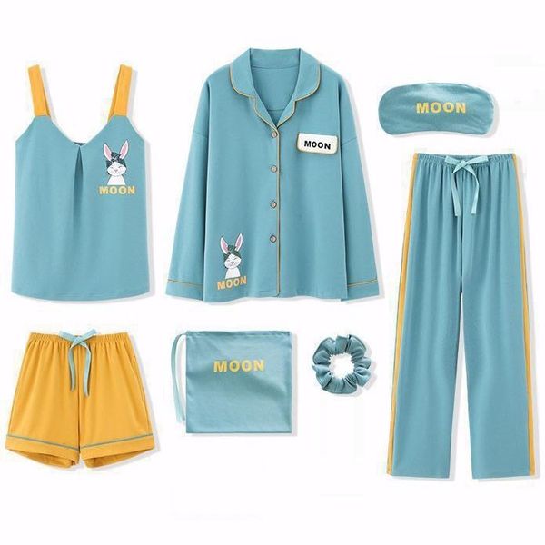 

cotton women home clothing 7pcs pajamas suit nightwear casual intimate lingerie sleep set homewear pyjamas print sleepwear q1217, Black;red