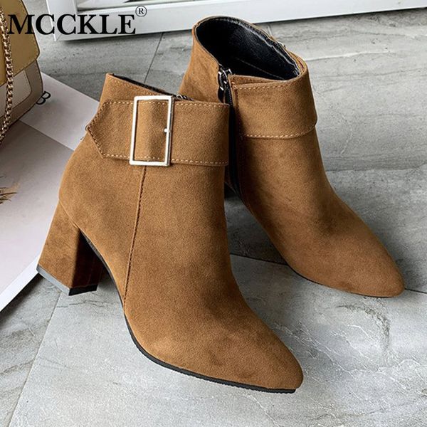 

mcckle new brand women's ankle boots zipper mid square heels platform for ladies buckle footwear women's shoes solid mujer t200106, Black
