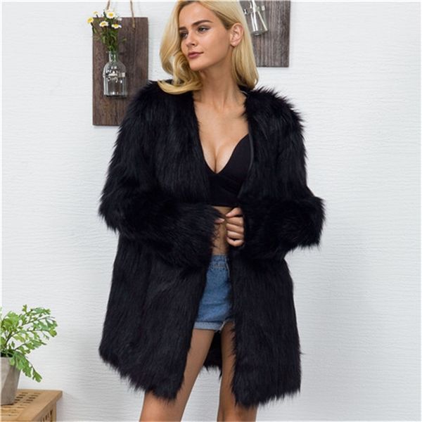 

female winter sleeve fake of the women s-3xl plus long size fur coat wdys, Black