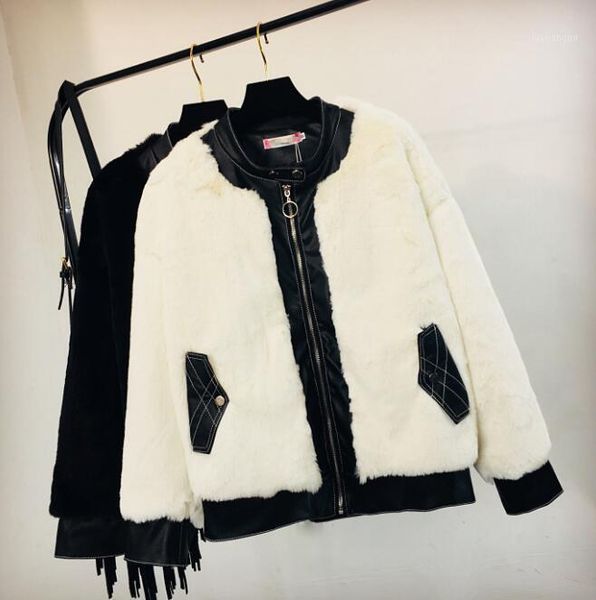 

2020 winter new women's pu splicing imitation fur coat female long sleeve stand collar fur jacket warm thickened coats1, Black;brown