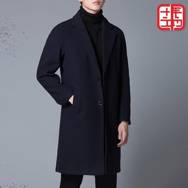 

suit woolen overcoat men's thickened long over knee windbreaker business cashmere coat woolen coat men's medium length1, Black