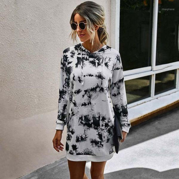 

2020 autumn winter tie dye hoodie dress women leopard sweatshirt dress long hoodie female loose hooded sweatshirts for women1, Black