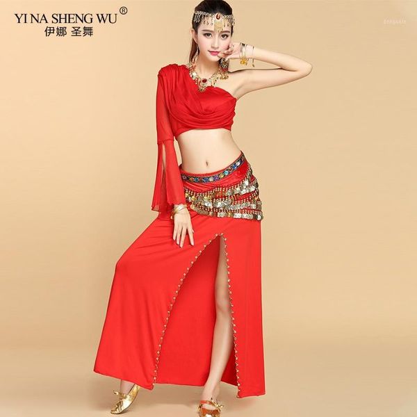 

bollywood oriental dance 2/3/5pcs set belly dance costumes clothes off-shoulder split skirt women chiffon1, Black;red
