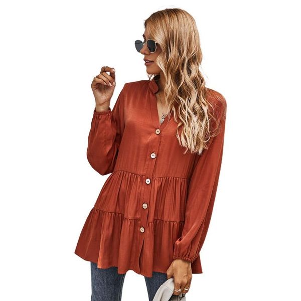 

women's blouses & shirts women puff long sleeve ruffles blouse v-neck button down loose tunic, White