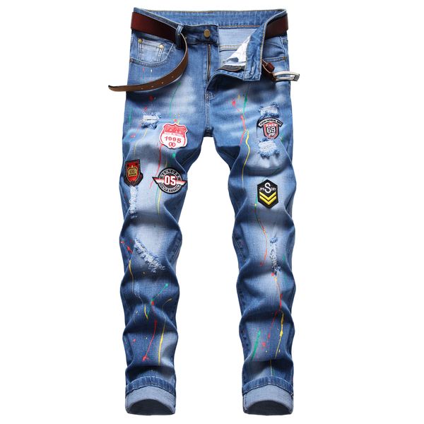 

men slim fit ripped jeans fashion straight leg stretch printed biker denim pants mens blue regular trousers big size d673